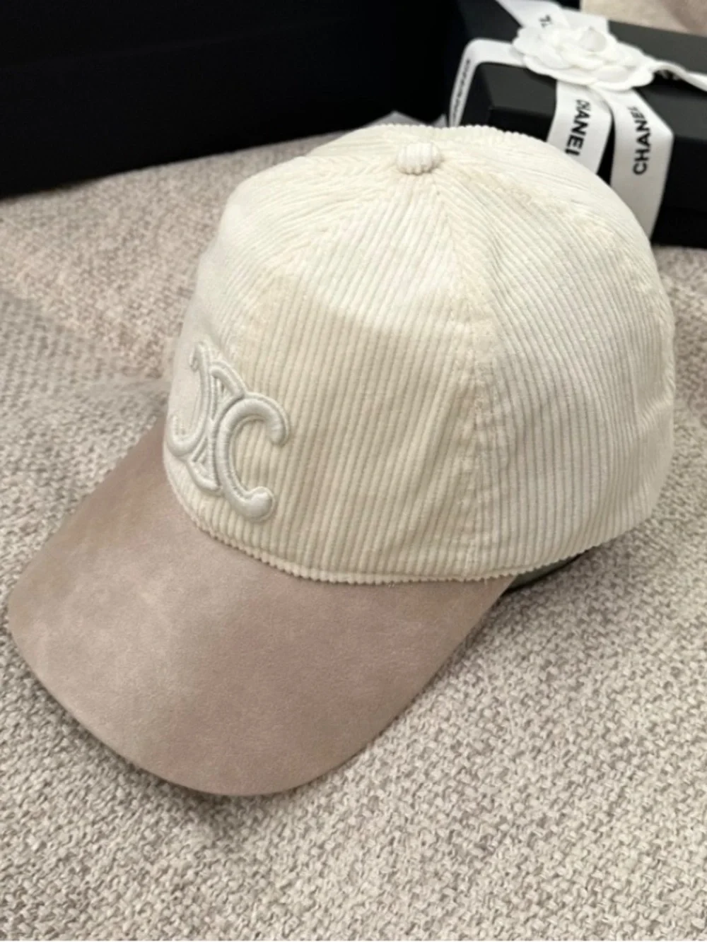 Celine. Off White Corduroy Triomphe. Baseball Hat Cap